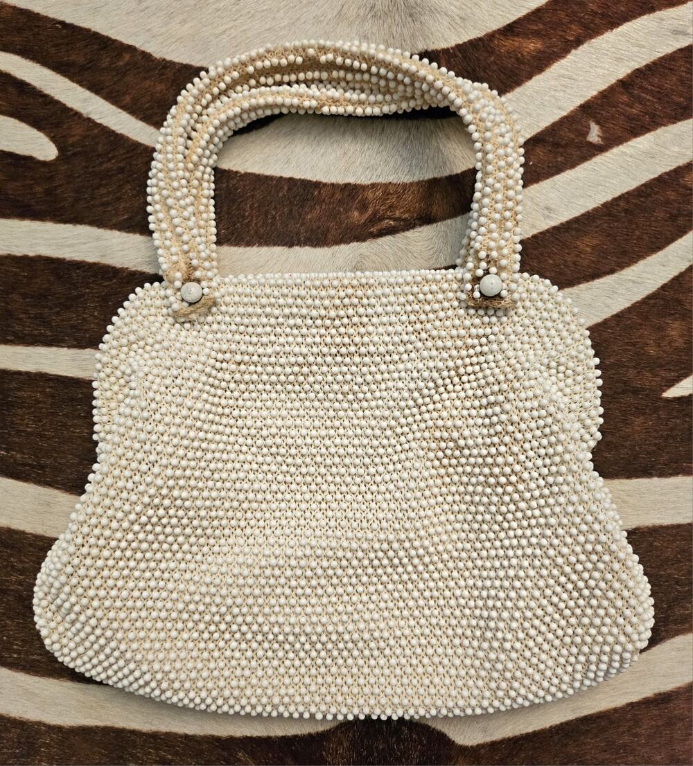 Vintage 1950's Lumered Corde Bead Ivory Floral Beaded Purse Clutch